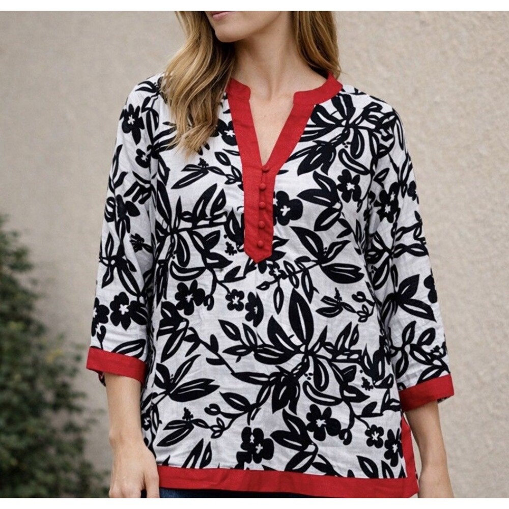 Lily Stanhope Women’s 2X Linen Tunic V-Neck 3/4 Sleeve Beige & Black Floral